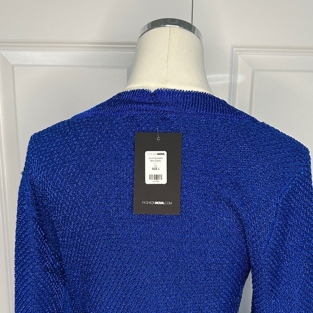 NWT Fashion Nova Royal Blue Cobalt V-Neck Knit Bodycon Sweater Mini Dress Size L - Picture 12 of 17